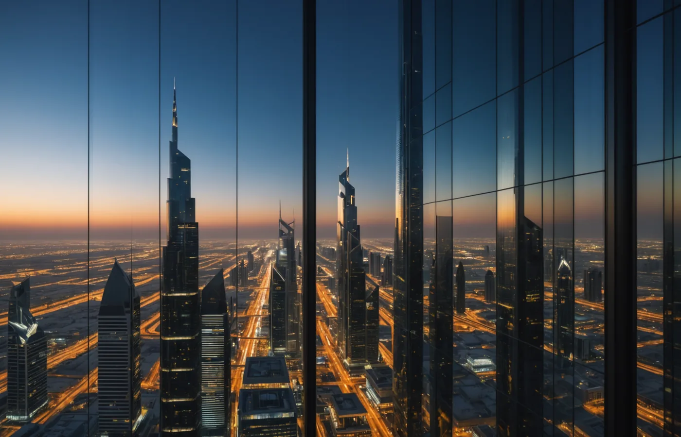 DIFC financial district at dusk with warm gold light representing invoice cash flow for UAE SMBs